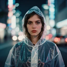 A frontal face photography of Caucasian woman wearing a transparent raincoat with hoodie on by Annie Leibovitz. Aesthetic Tokyo Retro. cyberpunk city night photography city. close up. kodak ektar film. Depth of field. whirl bokeh. detailed. hq. realistic. Moody. Filmic. lens flare. Leica M9, f/1.2, symmetrical balance, in-frame