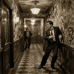 action scene sepia painting of a 1 9 2 0 s hotel hallway warping unnaturally, clyde caldwell, h. p. lovecraft, atmospheric lighting, brooding, painted, intricate, ultra detailed, well composed, best on artstation, cgsociety, epic, horror, stunning, gorgeous, intricate detail, much wow, masterpiece, cinematic aesthetic octane render, 8 k hd resolution,