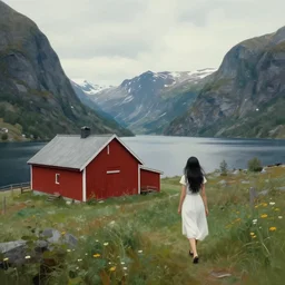 simon stalenhag. composition : long shot. style : digital painting ; concept art ; dreamlike ; surreal. scenery : a fjord with a lone gabled roof red barn. subject : a young woman with long black hair wearing a white dress. action : the woman is walking towards the barn.