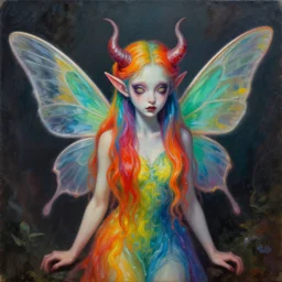 the rainbow colored demon fairy, creepy, surrealism, oil on canvas, high detail, hyperrealism, photo realistic