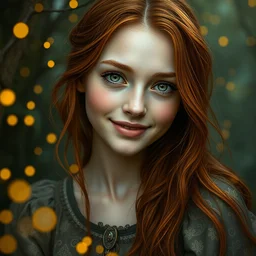 portrait of happy a young woman, among the lights of golden fireflies and nature, long loose red hair, intricate details, birght green eyes, hint of freckles, round gentle face, intricate dress, deep focus, smooth, sharp, golden ratio, hyper realistic digital art by artemisia lomi gentileschi and caravaggio and artgerm