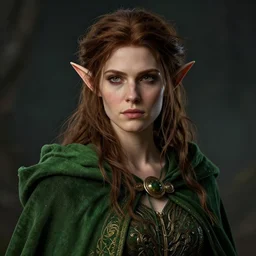 hyperrealistic mixed media portrait of an female elf with messy brown hair and a green cloak, stunning 3d render inspired art by Lars Grant-West + perfect facial symmetry + dim volumetric lighting, ornate flowing robes, 8k octane beautifully detailed render, post-processing, extremely hyperdetailed, intricate, epic composition, grim yet sparkling atmosphere, cinematic lighting + masterpiece, trending on artstation, Art Nouveau