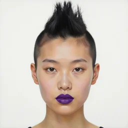 three quarter close up portrait painting of a young asian woman with a mohawk, purple lips, white background, by kehinde wiley, kadir nelson