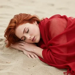 beautiful redhead female sleeping on the beach covered in the red scarf