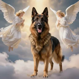 a beautiful long Belgian Shepherd surrounded by Angels in Heaven, atmospheric, Beautiful