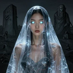 portrait of a beautiful asian woman, draped in transparent plastic cloth, plastic, glowing eyes, flat background, masterpiece, glowing, wires everywhere, by edgar maxence and ross tran, zdzisław beksinski, and michael whelan, distant, gustav dore, h. r. giger, 8 k, octane render