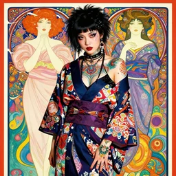 cute punk goth fashion hippy fractal tattooed Carnival girl wearing kimono posing by Zhang Jingna, psychedelic poster art of by Victor Moscoso Rick Griffin Alphonse Mucha Gustav Klimt Ayami Kojima Amano Charlie Bowater, masterpiece