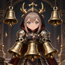 cute necromancer, tales of erin, onmyoji, atelier ayesha. detailed bells. armor, intricate environment, digital illustration by wlop, ross tran, ilya kuvshinov, krenz cushart, victo ngai. crisp, highly detailed, metallic. sharp edges, global illumination