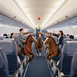 passengers in economy on an airliner riding horses and juggling