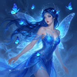 beautiful faery sorceress, glowing blue butterflies, flowing blue air, digital spray brush, in the style of artgerm, illustration, epic, fantasy, intricate, hyper detailed, artstation, concept art, smooth, sharp focus, vibrant, indi creates