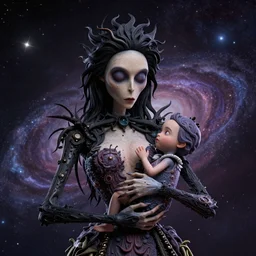 Overwhelmingly cosmicly beautiful high quality, order now, million dollar ultra lifelike model of the feeling of motherhood in the style of Tim Burton, James Gunn, Marvel Studios, Nvidia and behance, trending on artstation, academy award winning, stunning, highly detailed visual masterpiece. Motherhood is universal. This piece is timeless appeal, almost indescribable due to its complexity and the sheer bravery of the artist for illustrating its complex form.