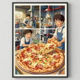 the invention of pizza poster by Michael Whelan and Tomer Hanuka, factory, workers, happy, full of details, by Makoto Shinkai and thomas kinkade, Matte painting, trending on artstation and unreal engine