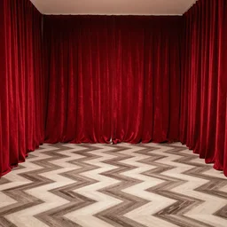 A surreal room with red velvet drapes and an off-white and dark-brown chevron pattern floor.