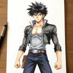 Simon from Gurren Lagann drawn in the style of tetsuya nomura, hand drawn, detailed, 4k, trending on artstation