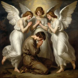 angels protecting a praying man, by Quentin Mabille, Trending on artstation, deviantart