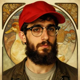 portrait of a young ducktail bearded moroccan man with wayfarer glasses and red baseball cap dramatic lighting, by alphonse mucha, alphonse mucha, alphonse mucha, alphonse mucha