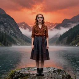 color still photo of emma watson at a mountain landscape, lake, orange red sky, fog, mist, rain, full body shot detailed, heavy makeup on face