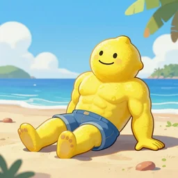 a humonid muscular lemon cartoon character, is relaxing on a beach,, inspired by dalle - 2 generations