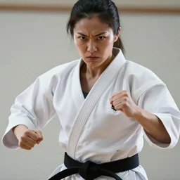cinematic close-up of a muscled japanese female martial artist, wearing white karate gi with the sleeves torn off, furious expression, battle ready, sharp, smooth, beautiful, energetic, vivid colors, studio lighting, digital art by Greg Hildebrandt and Artgerm and Ross Tran, highly detailed