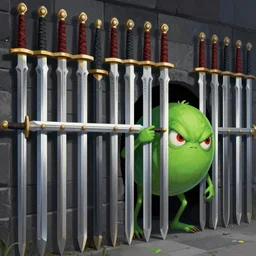 digital illustration of a wall made of interlocking swords and a green monster with red eyes peering from behind, vertical perspective, trending on artstation, digital art ( by joseph meehan ) ( by victor adame ) ( by anna steinbauer )