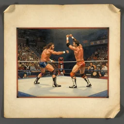 a scan of an ancient piece of art on parchment depicting a still of a wwe match