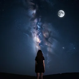 girl, woman, beautiful, starry sky, moon, galaxy, stars, beauty, scenery, milky way, light, night, adorable, photography, cinematic, incredible