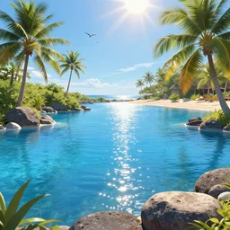 a blue lagoon with water and stones and palm trees in bali, artstation, surrounded by beach, flying birds, clear blue sky, sun shining, glistening water