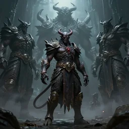 a great demon who is standing before the giant gods, Dark fantasy, unreal engine, high detail, realistic, sci-fi, character design, trending on artstation, Greg Rutkowski,