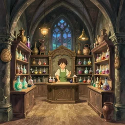 inside a magical item shop, fantasy potion vendor interior, studio ghibli studio art style, wide angle, gothic interior