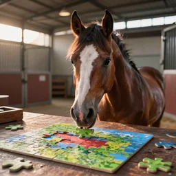 A horse attempting to solve a jigsaw puzzle!!!, looking confused, cinematic lighting, evening light, stables, digital painting, volumetric light, concept art, trending on artstation