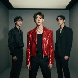 harmony black room, portrait, yoongi wearing red sparkly sequin jacket, black top, black pants, muted colors, polarizer, nadir lighting, by wlop, james jean, victo ngai, muted colors, highly detailed, fantasy art by craig mullins, thomas kinkade