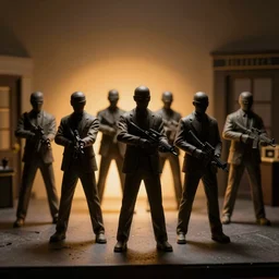 group of masked men ready for a bank heist, diorama, stunning photo, artist impression, cgsociety, abstract sculpture, warm ambient lighting, glow, deep shadows, hyperdetailed, 8 k
