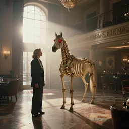 photorealistic wide shot cinematography of a beautiful woman acting in a twilight zone episode about a skeleton horse with glowing red eyes shot on film at magic hour with the sun shining into a large 6 0's hotel lobby room filled with volumetric haze by the shining cinematographer john alcott on a cooke panchro 1 8 mm lens.