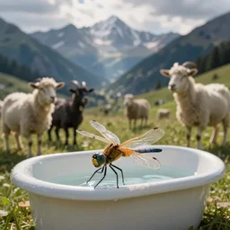 dragonfly in a bathtub in the alps, goats!!!!!!!! goat!! sheep!!! in background