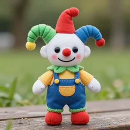 an adorable simple ball jointed vejigante doll lovingly crafted by hand at the park, bright and colorful, wearing little festive overalls, worms eye view, macro camera lens, cinematic, focus