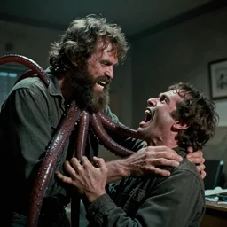 filmic extreme wide shot movie still 4k UHD interior 35mm film color photograph of a bearded man with living teeth and tentacles grabbing another man who is screaming OH MY GOD in the style of the horror film The Thing 1982