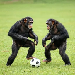 two chimpanzees play soccer in a field