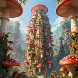 a single magnificent mushroom skyscraper hotel, heavily populated and full of life, red mushroom with white spots, mushroom fairy forest, unreal engine 5, immense sense of scale, rule of thirds, digital art, by beeple, by noriyoshi ohrai, trending on artstation