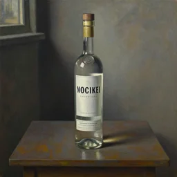 ultrafine detailed painting of an glass vodka bottle on top of a table, still life by julian schnabel and john chamberlain, tonalism, oil on canvas, surrealist painting, behance, academic art
