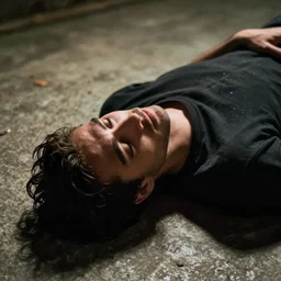 a man laying on a concrete floor at night time close up shot