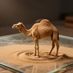 photography camel made from sand, rising form the sand on glass table with ambient light