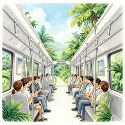 ultra detailed pencil and watercolors and digital illustration of jungles inside public transport in sky by wes anderson, tim burton, tomm moore, jean pierre jeunet ; 4 k 8 k hd high resolution ;