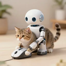 a robot mouse riding a cyborg cat