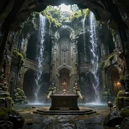 man-made underground dungeon interior with low ceiling and stone walls, waterfalls and mould, a single large altar in the center; symmetrical detailed, best on artstation, raymond swanland, bayard wu, cosmic, epic, stunning, masterpiece