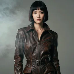 moody, youthful asian blade runner demure, 3 5 mm, exquisite features, feminine cut, pris mascara, 1 9 9 0's frontiers in flight leather suit, roger deakins, smoke, grain, misty, stephane sednaoui, id magazine photoshoot