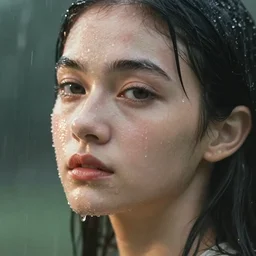 Photo of an attractive face dripping wet from warm summer rain. Soft lighting. High detail.