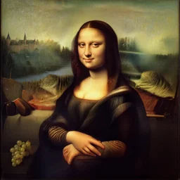 in the style of the Mona Lisa, Dutch Golden Age painting, Baroque, detailed realism, food, grapes, rustic. The Mona Lisa standing in front of the castle of Marburg Hesse, giving a thumbsup.