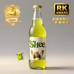 3d render, blender of an advertisement for a shrek soda, with the shrek pasted on the packaging, soda bottle with a small illustration of the shrek pasted on the packaging, award winning, studio light, 4K