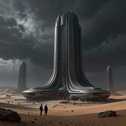 futuristic alien atmosphere in the desert 3 d concept art, cinematic lighting, bladerunner scene, intricate details, building by zaha hadid, stormy weather, emissary space by arthur haas and bruce pennington and john schoenherr, cinematic matte painting, dark moody monochrome colors, red lasers, trending on artstation, featured on behance