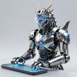 Medium shot, steel male anthro robotic dragon wearing a holographic helmet, typing on a holographic keyboard, clean digital art, upscaled